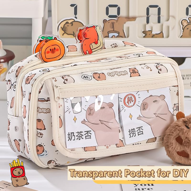 NAPIMICO Cute Pencil Case with Kawaii Capybara Pins and Plush Flip Top Pencil Pouch Aesthetic Office Stationary Pen Holder (Brown)