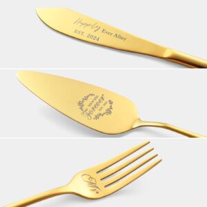 Galaxozent Wedding Presents for Couples 2024, Gold Wedding Cake Knife and Server Set with Forks, Cake Cutting Set for Wedding, Bridal Shower Anniversary Engagement Present For Mr and Mrs Set of 4