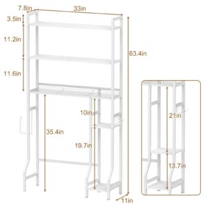 NOVIMANGO Over The Toilet Organizer White, Bathroom Space Saver Over Toilet, 5-Tier Bathroom Over Toilet Storage, Above Toilet Stand with 4 Hooks for Restroom, Laundry