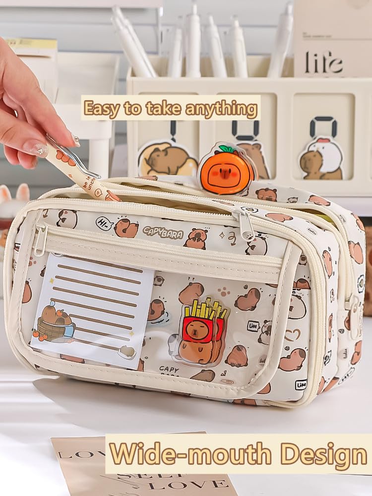 NAPIMICO Cute Pencil Case with Kawaii Capybara Pins and Plush Flip Top Pencil Pouch Aesthetic Office Stationary Pen Holder (Brown)