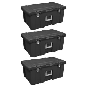 sterilite footlocker, stackable storage bin with latching lid, wheels and handle, plastic rolling container to organize basement, black, 3-pack