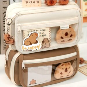 NAPIMICO Cute Clear Pencil Case with Kawaii Capybara Pins and Stickers Aesthetic Pencil Pouch Cute Office Stationary Small Pouch (Coffee)