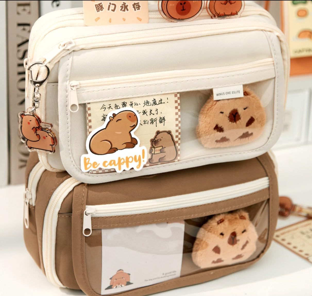 NAPIMICO Cute Clear Pencil Case with Kawaii Capybara Pins and Stickers Aesthetic Pencil Pouch Cute Office Stationary Small Pouch (Coffee)