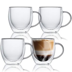 suroque double wall glass coffee mugs 8oz insulated glass mugs with handles tea cup set of 4 clear coffee mugs for latte, espresso, cappuccino