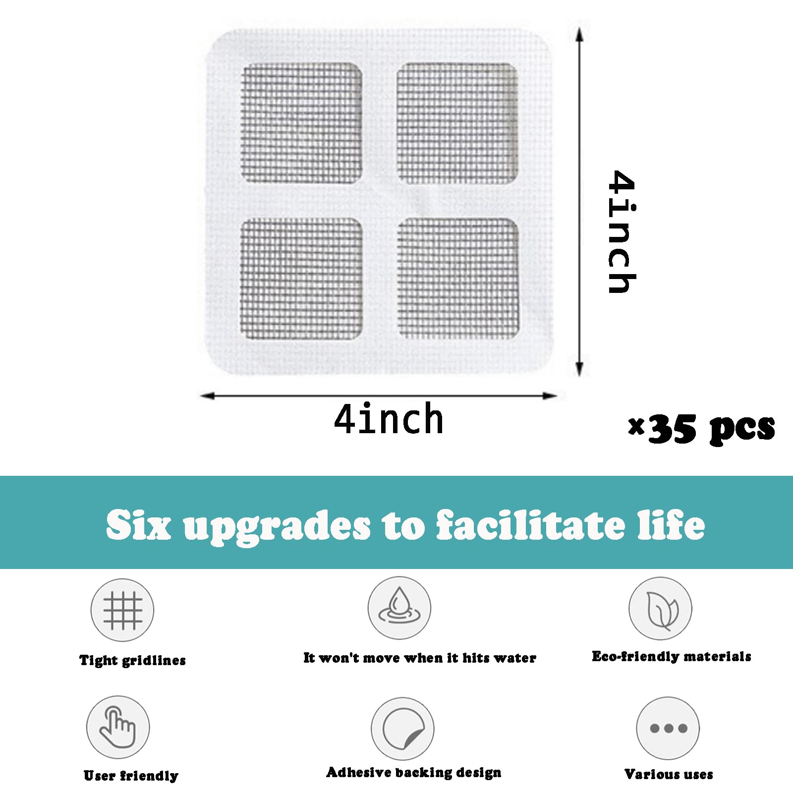 35 pc-Pack Disposable Shower Drain Hair Catcher, Floor Drain Mesh Sticker Strainers, Shower Drain Cover for Bathtub, Bathroom and Kitchen Sink to Prevent Clogged Drains（ 4-inch quadrate