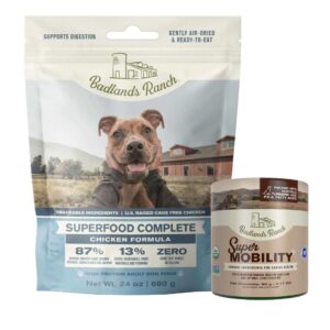 badlands ranch superfood complete, air-dried adult dog food, 24 ounce premium chicken and super mobility organic supplement 90 grams, 30 scoops