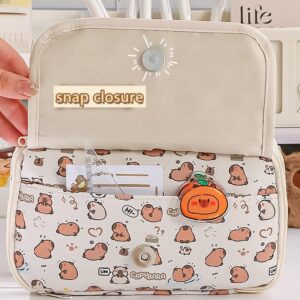 NAPIMICO Cute Pencil Case with Kawaii Capybara Pins and Plush Flip Top Pencil Pouch Aesthetic Office Stationary Pen Holder (Brown)