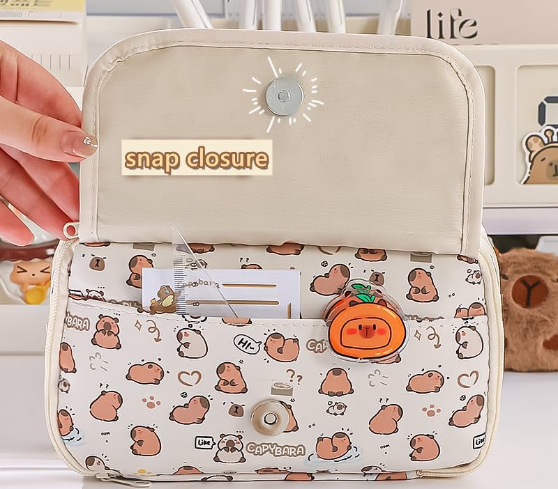 NAPIMICO Cute Pencil Case with Kawaii Capybara Pins and Plush Flip Top Pencil Pouch Aesthetic Office Stationary Pen Holder (Brown)