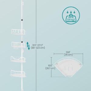 SONGMICS Corner Shower Caddy Tension Pole, 4-Tier Rust-Resistant Shower Organizer, Shower Shelf, No Drilling, 31.5 to 127.2 Inches, Height Adjustable Shelves, for Bathroom, Cloud White UBCB003W01