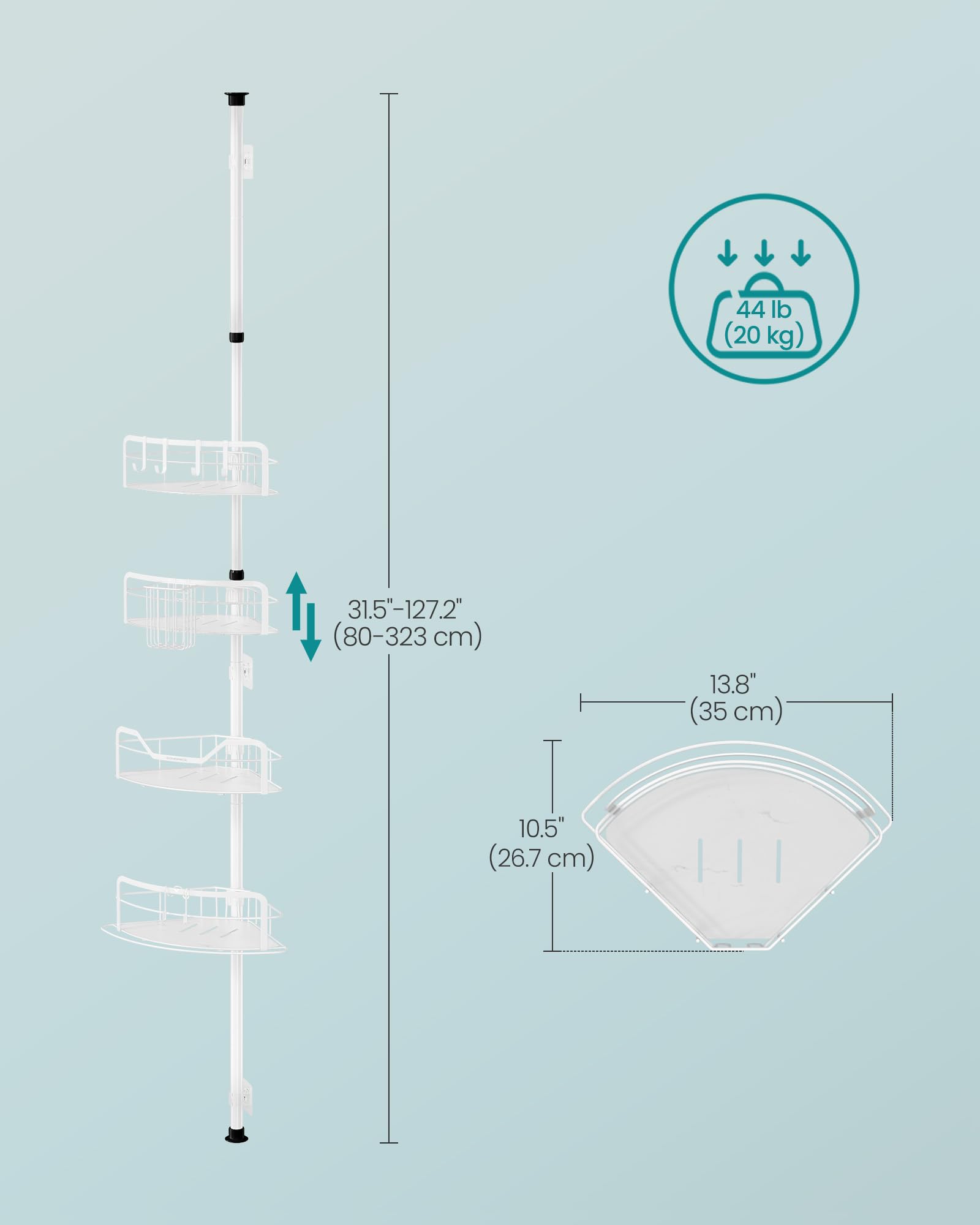 SONGMICS Corner Shower Caddy Tension Pole, 4-Tier Rust-Resistant Shower Organizer, Shower Shelf, No Drilling, 31.5 to 127.2 Inches, Height Adjustable Shelves, for Bathroom, Cloud White UBCB003W01