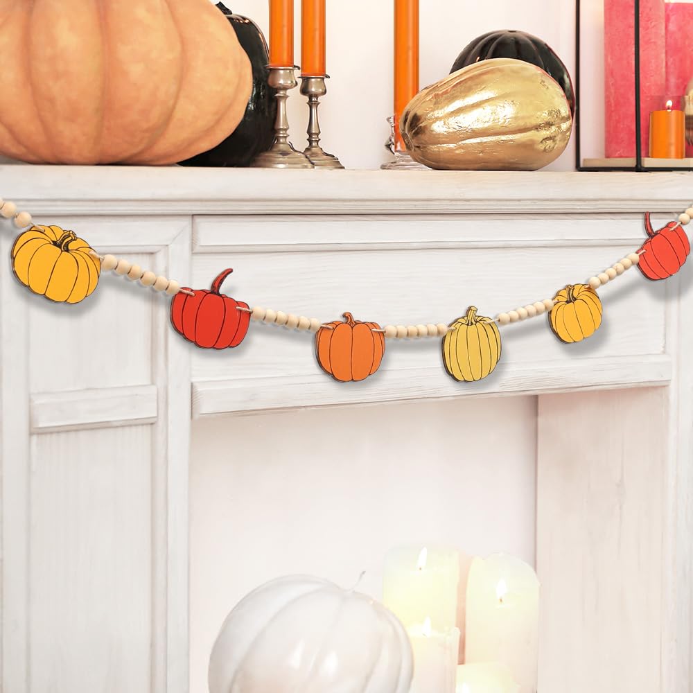 AKEROCK Fall Thanksgiving Garland for Mantle, Farmhouse Wood Pumpkin and Bead Thanksgiving Banner for Home Fireplace Mantel Decor - Pumpkin Garland Thanksgiving Decorations Indoor