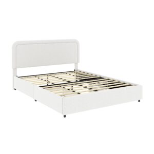 Queen Size Boucle Upholstered Platform Bed Frame, with 2 Drawers Storage, Curved Stitched Tufted Headboard, Wooden Slat Mattress Support, Noise Free, Easy Assembly, No Box Spring Needed, Ivory