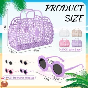 4 Sets Jelly Bags with Sunglasses for Women Wedding Jelly Purse Beach Bags Plastic Jelly Basket Flower Glasses for Bridal Wedding Party Gift