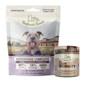 badlands ranch superfood complete, air-dried adult dog food, 24 ounce lamb & venison and super mobility organic supplement 90 grams, 30 scoopsd complete