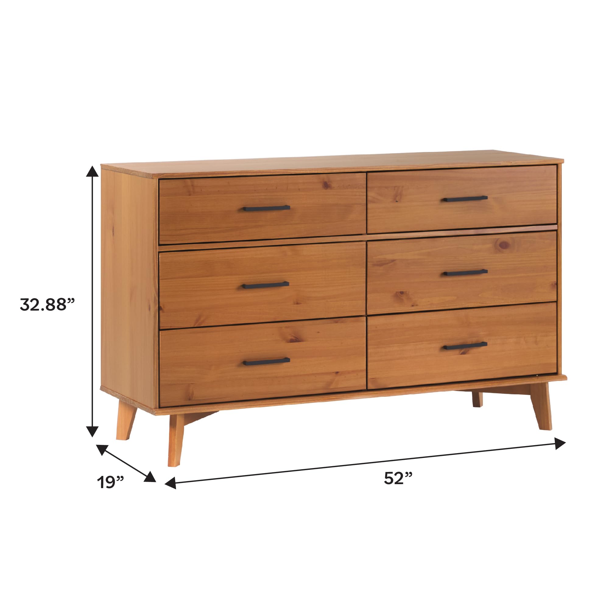 Walker Edision Modern Solid Pine Wood 6-Drawer Dresser with Metal Handles and Generous Storage Space, Caramel Finish