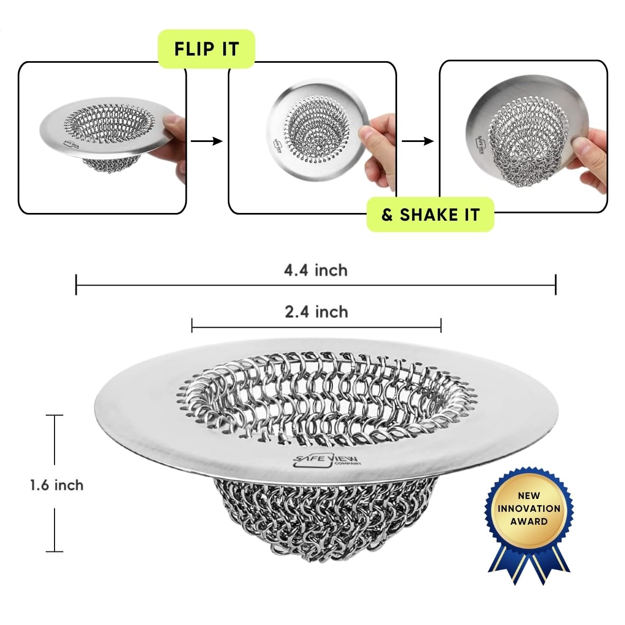 "Sir Drainalot" Kitchen Sink Drain Strainer, Reversible Chain Innovation, Non-Clogging, Stainless Steel, Catches All and Effortless Food Disposable, Anti-Rust