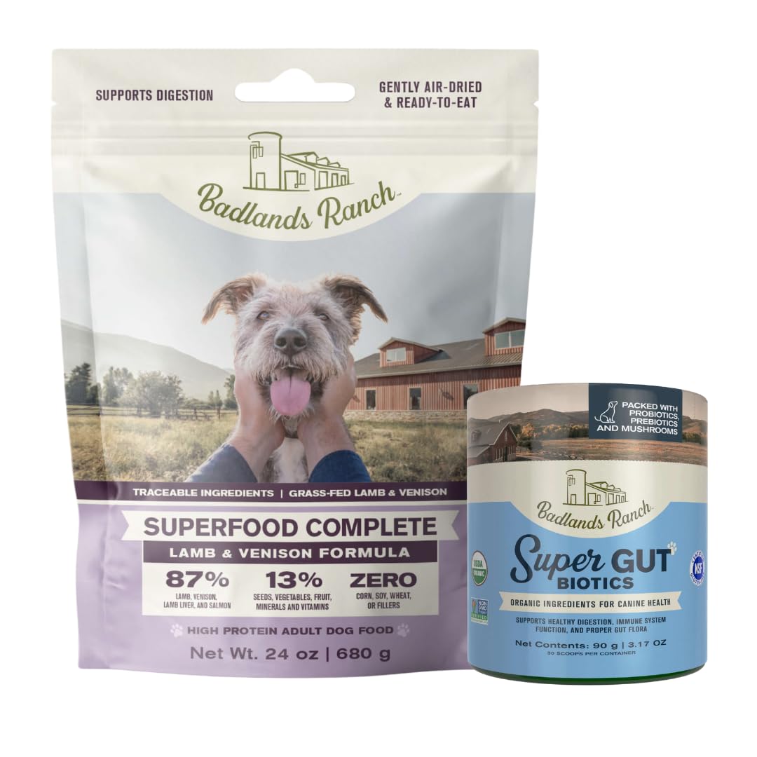 BADLANDS RANCH Superfood Complete, Air-Dried Adult Dog Food, 24 Ounce Lamb & Venison and Super Gut Organic Supplement 90 Grams, 30 Scoops