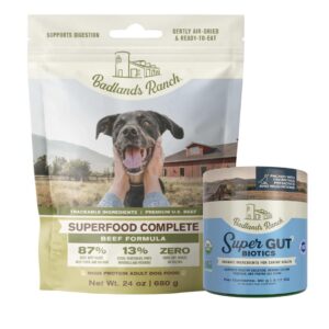 badlands ranch superfood complete, air-dried adult dog food, 24 ounce premium beef and super gut organic supplement 90 grams, 30 scoops