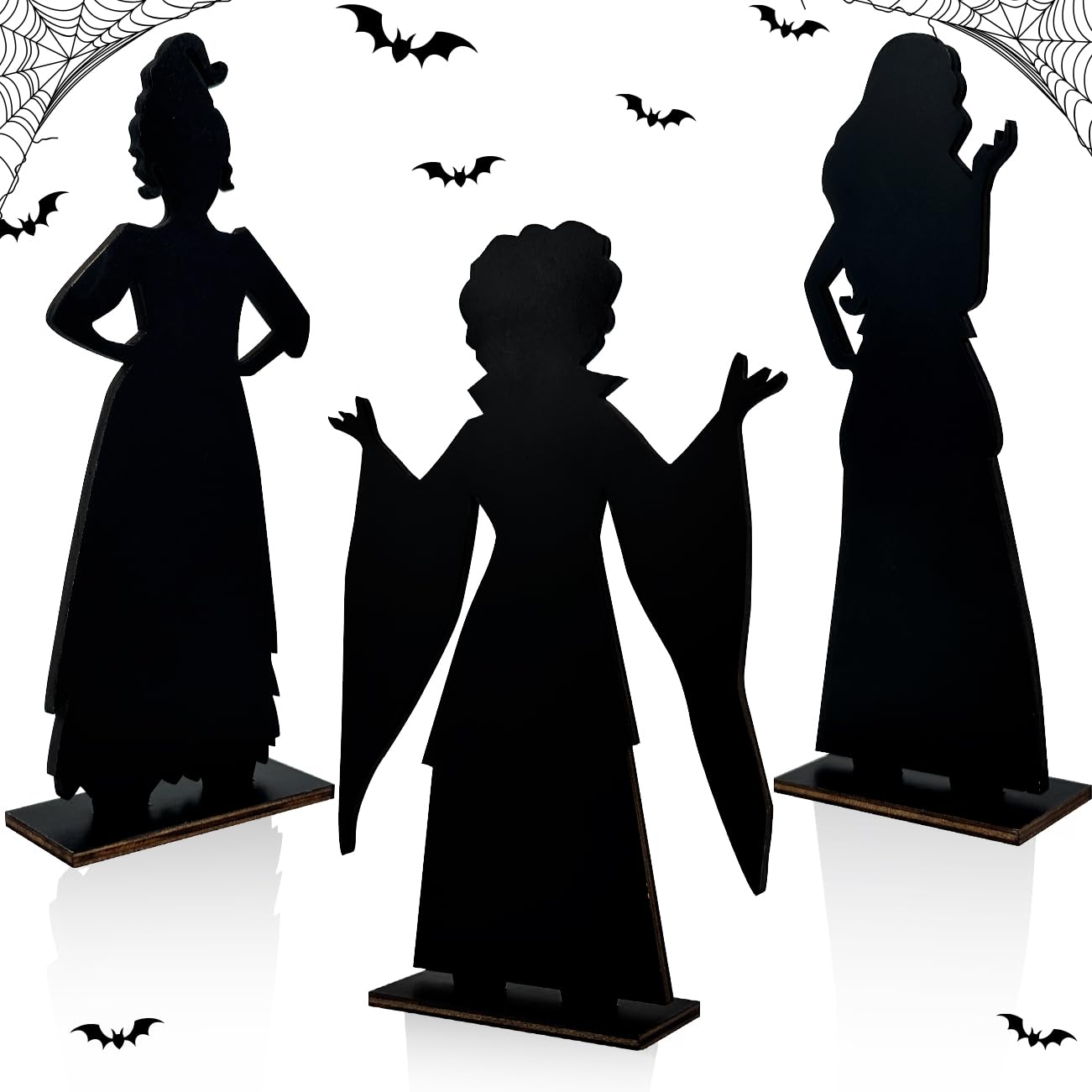 3PCS Halloween Decorations Black Halloween Hocus Pocus Witch Silhouette Wooden Table Centerpieces with Base for Halloween Party Decorations Hocus Pocus Scary Silhouette Wooden Signs Halloween Decor