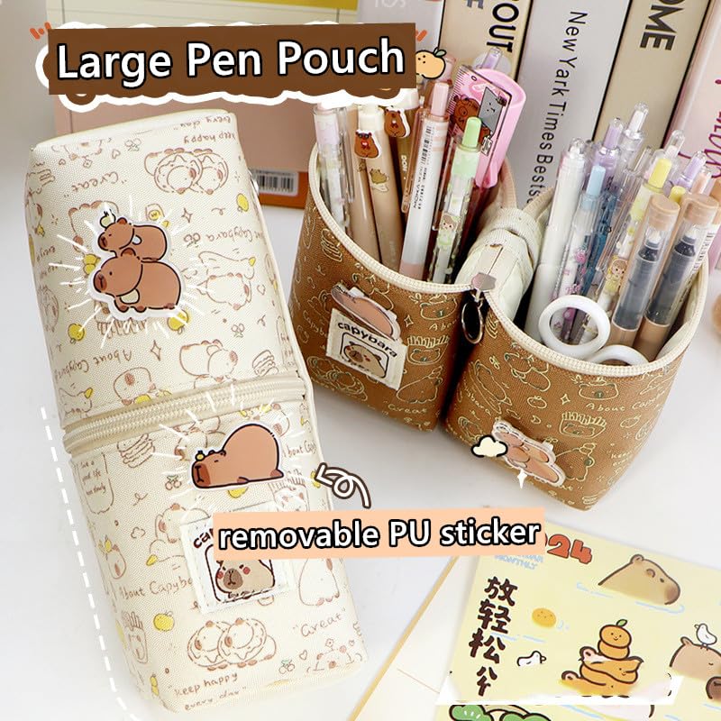 NAPIMICO Split Zip Pen holder Kawaii Stand Up Pencil Case Cute Aesthetic Pencil Pouch Cute Capybara Pins Decors Office Stationary (White)