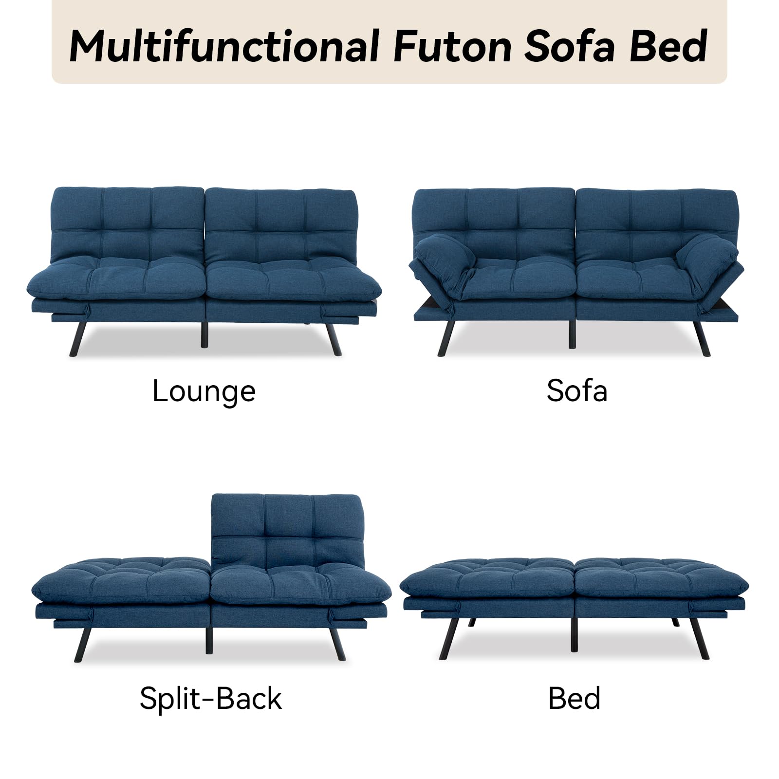 Hcore Bed, Memory Foam Sleeper Sofa,Futon Couch Sofabed, Blue