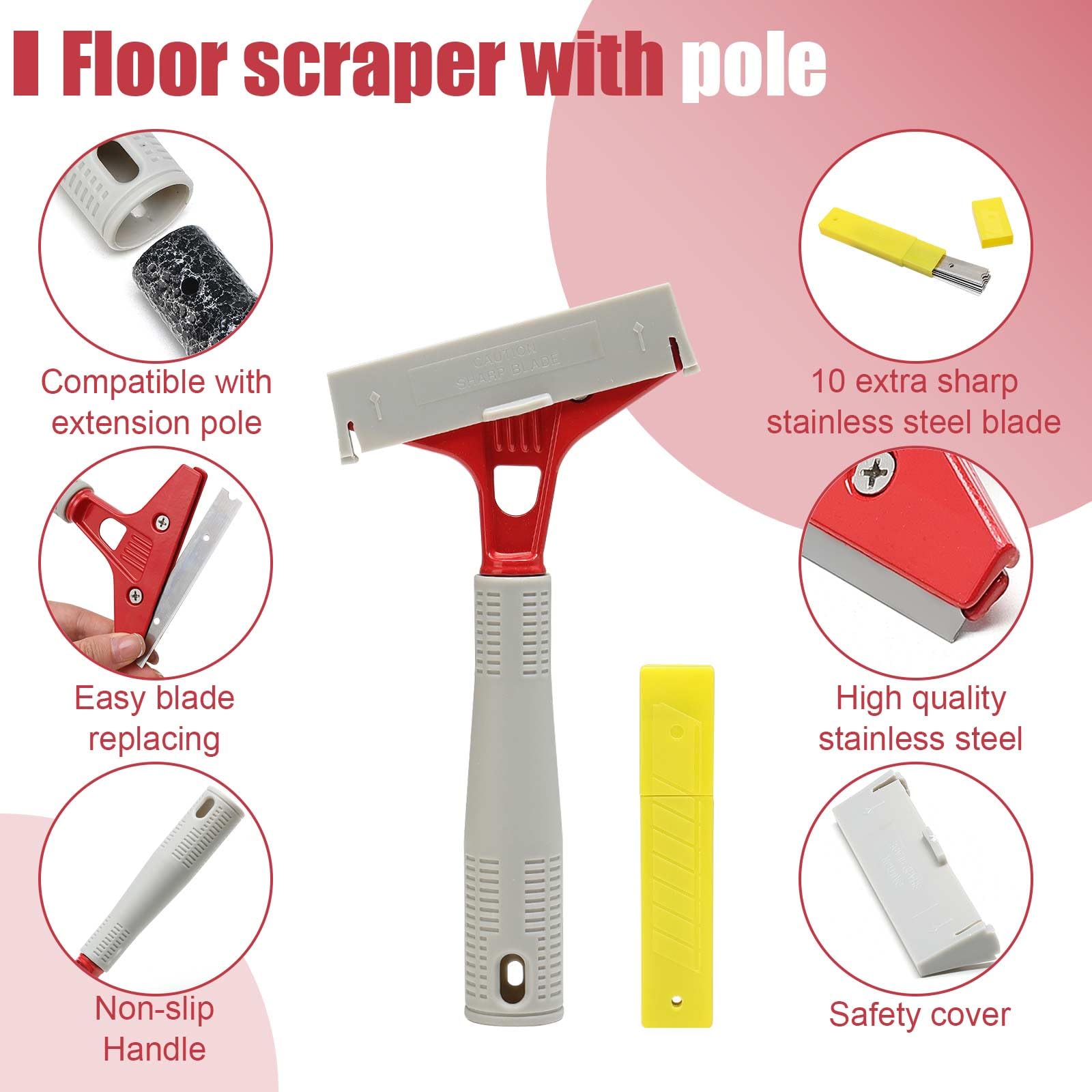 Floor Scraper, Long Handle Floor Scraper Heavy Duty, Metal Paint Scraper with 10PCS Extra Blades Scraper for Cleaning Windows Glass, Tiles, Wall, Floor