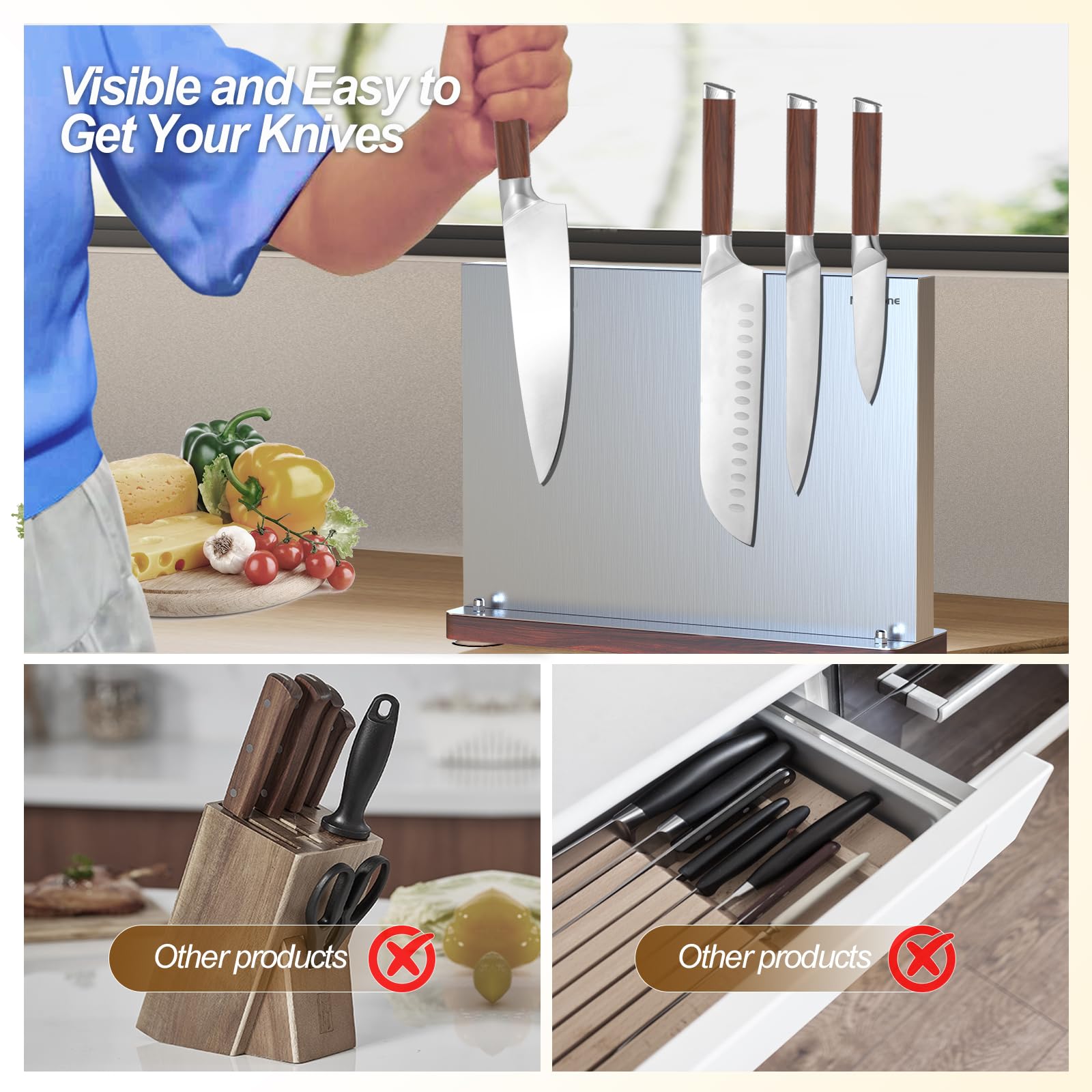 Stainless Steel Magnetic Knife Block magnetic knife holder Magnetic Knife Block Without Knives/Metallic Magnetic Knife Holder Stand/Powerful Magnetism Storage Organizer for Kitchen Knife