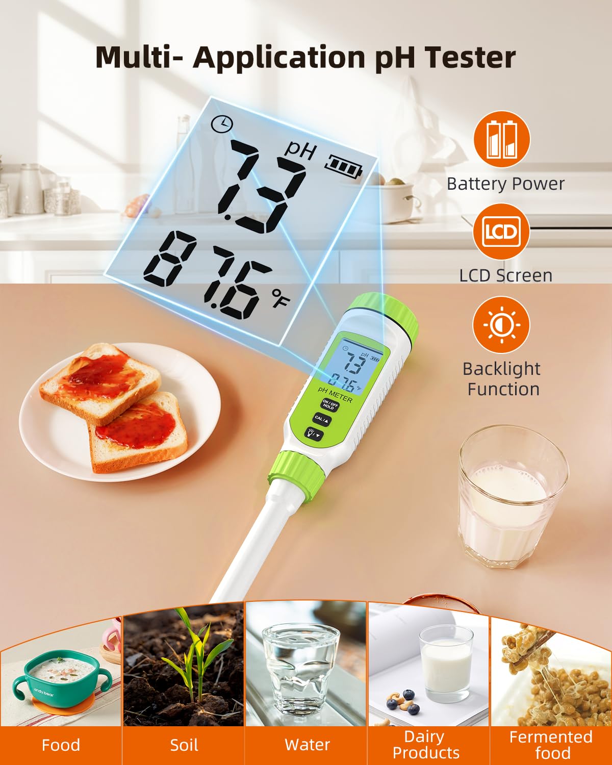 Tadeto Multifunctional Digital pH Meter for Food, High Precision Garden Soil pH Test Kit with LCD ℃/℉ Display for Plant/Solution, Water and Food pH Tester for Meat, Bread, Cheese,Water, Pool