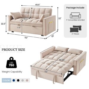 Velvet Sleeper Sofa Couch Bed, 4 in 1 Small Modern Convertible Loveseat Futon Sofa with Pullout Bed and Adjustable Backrest for Small Space Living Room Apartment Office Studio Lounge Reading Taupe