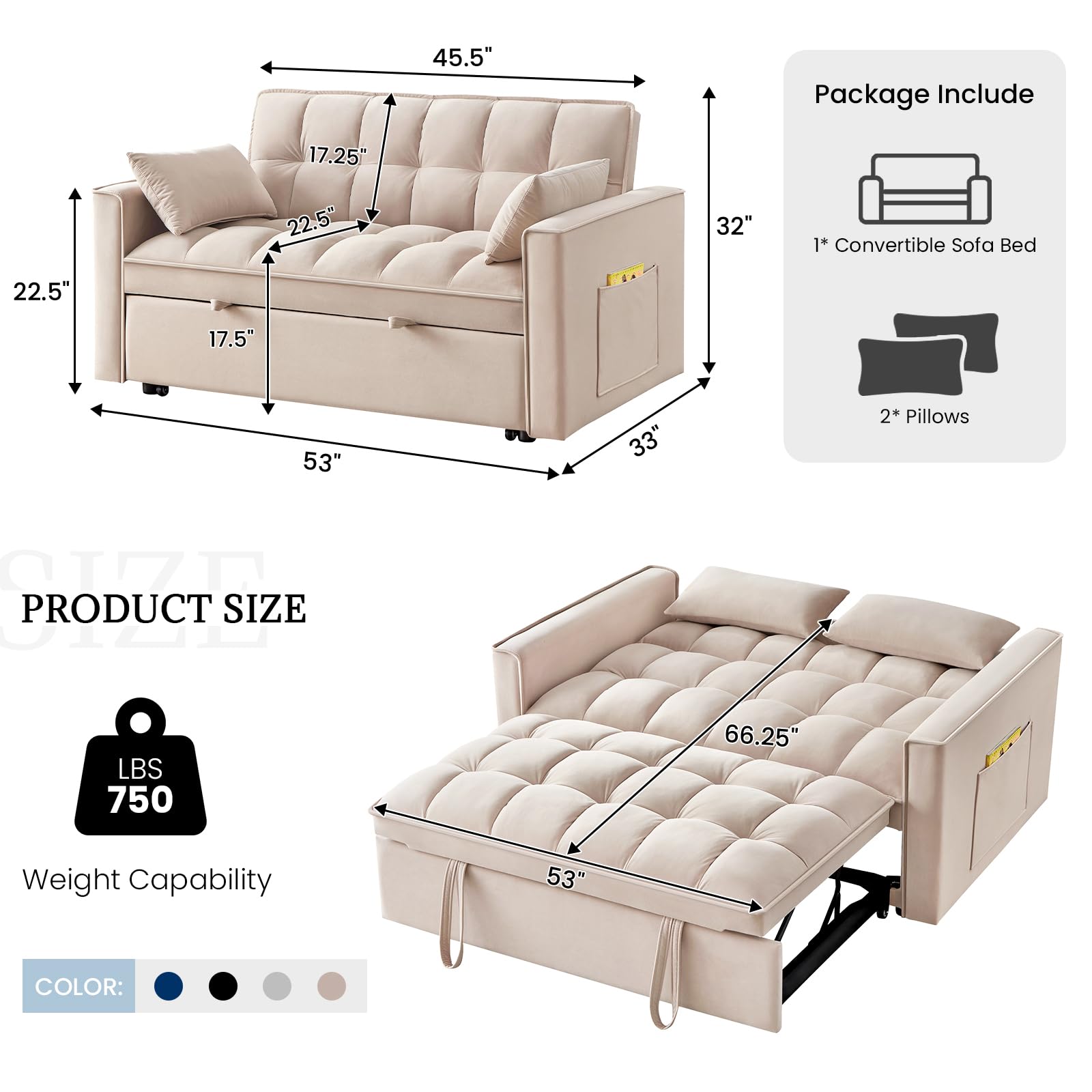 Velvet Sleeper Sofa Couch Bed, 4 in 1 Small Modern Convertible Loveseat Futon Sofa with Pullout Bed and Adjustable Backrest for Small Space Living Room Apartment Office Studio Lounge Reading Taupe