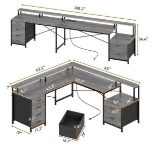 SEDETA L Shaped Desk with 6 Drawer, 108" Home Office Desk with File Drawer & Power Outlet, Corner Computer Desk with Monitor Shelf, Two Person Desk, Gaming Desk with Led Lights, Grey