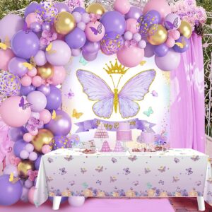 butterfly birthday decorations for girls - 101pcs pink purple party decorations include balloons, butterfly stickers, tablecloth and happy birthday backdrop for girls women princess party supplies