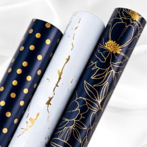 yarcony gift wrapping paper roll - 17 inch x 120 inch per roll luxury navy gold flower, polka dot & white gold marble gift wrap paper for men birthday, father's day, christmas, holiday, graduation