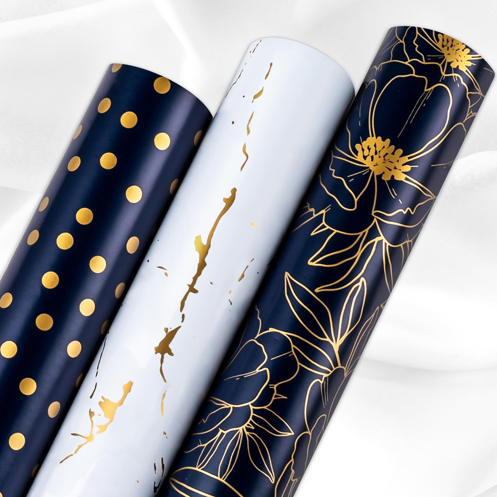 Yarcony Gift Wrapping Paper Roll - 17 Inch X 120 Inch Per Roll Luxury Navy Gold Flower, Polka Dot & White Gold Marble Gift Wrap Paper for Men Birthday, Father's Day, Christmas, Holiday, Graduation