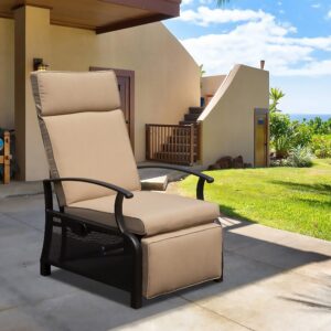 domi adjustable patio recliner chair metal outdoor lounge chair with flip table push back, adjustable angle, removable cushions, support 350lbs, beige