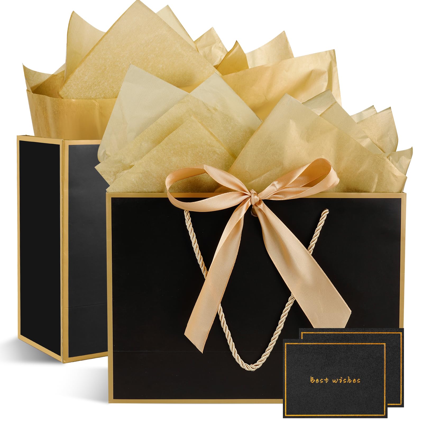 Gfractolux Gift Bags for Present, 2 Pcs Medium Gift Bags with Tissue Paper and Cards, Gift Bags for Birthdays, Baby Shower, Wedding, Party Favor, Holiday Presents 11"X7.9"X3.9" (Black and Gold)