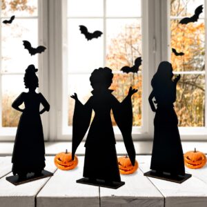 3PCS Halloween Decorations Black Halloween Hocus Pocus Witch Silhouette Wooden Table Centerpieces with Base for Halloween Party Decorations Hocus Pocus Scary Silhouette Wooden Signs Halloween Decor