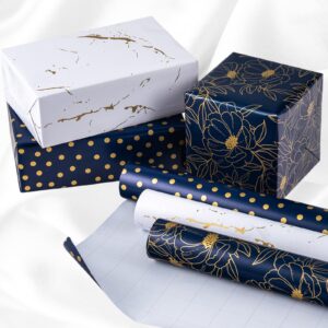 Yarcony Gift Wrapping Paper Roll - 17 Inch X 120 Inch Per Roll Luxury Navy Gold Flower, Polka Dot & White Gold Marble Gift Wrap Paper for Men Birthday, Father's Day, Christmas, Holiday, Graduation