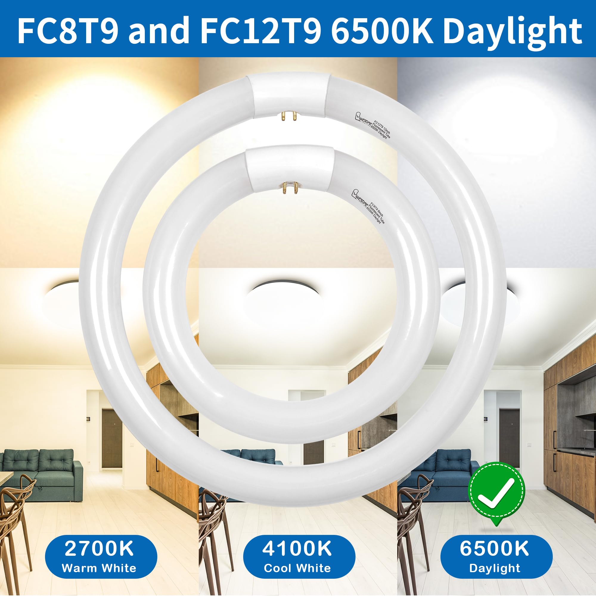 FC8T9 22W and FC12T9 32W Circular Light Bulb, Daylight 6500K Set, Round Repalement Bulbs, 8 Inch 22 Watts and 12 Inch 32 Watts Circline Kitchen and Bath Fluorescent Lamp, G10q 4 Pin Base, 2 Pack