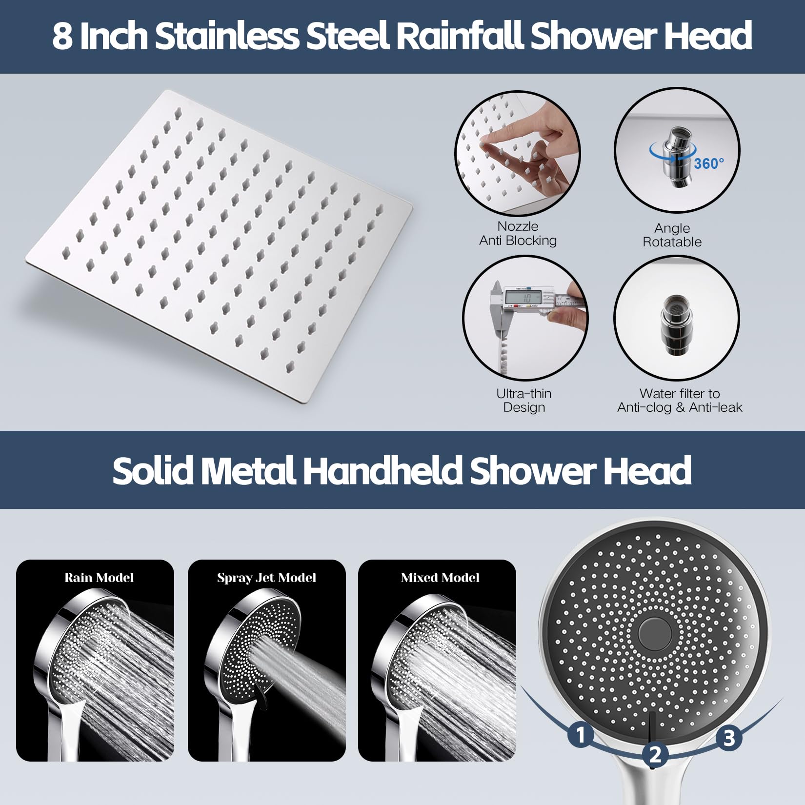 Shower Head, 8'' High Pressure Rainfall Shower Head, Z-Type Shower head Combo/Handheld Shower Wand, 12'' Angle Adjustable Extension Arm/Flow Regulator/Shower System,Chrome