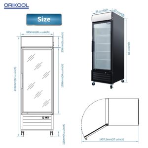 ORIKOOL 27" W Glass Door Refrigerator 19.2 Cu.ft 32℉ ~ 44℉ Commercial Display Beverage Fridge with LED Top Panel