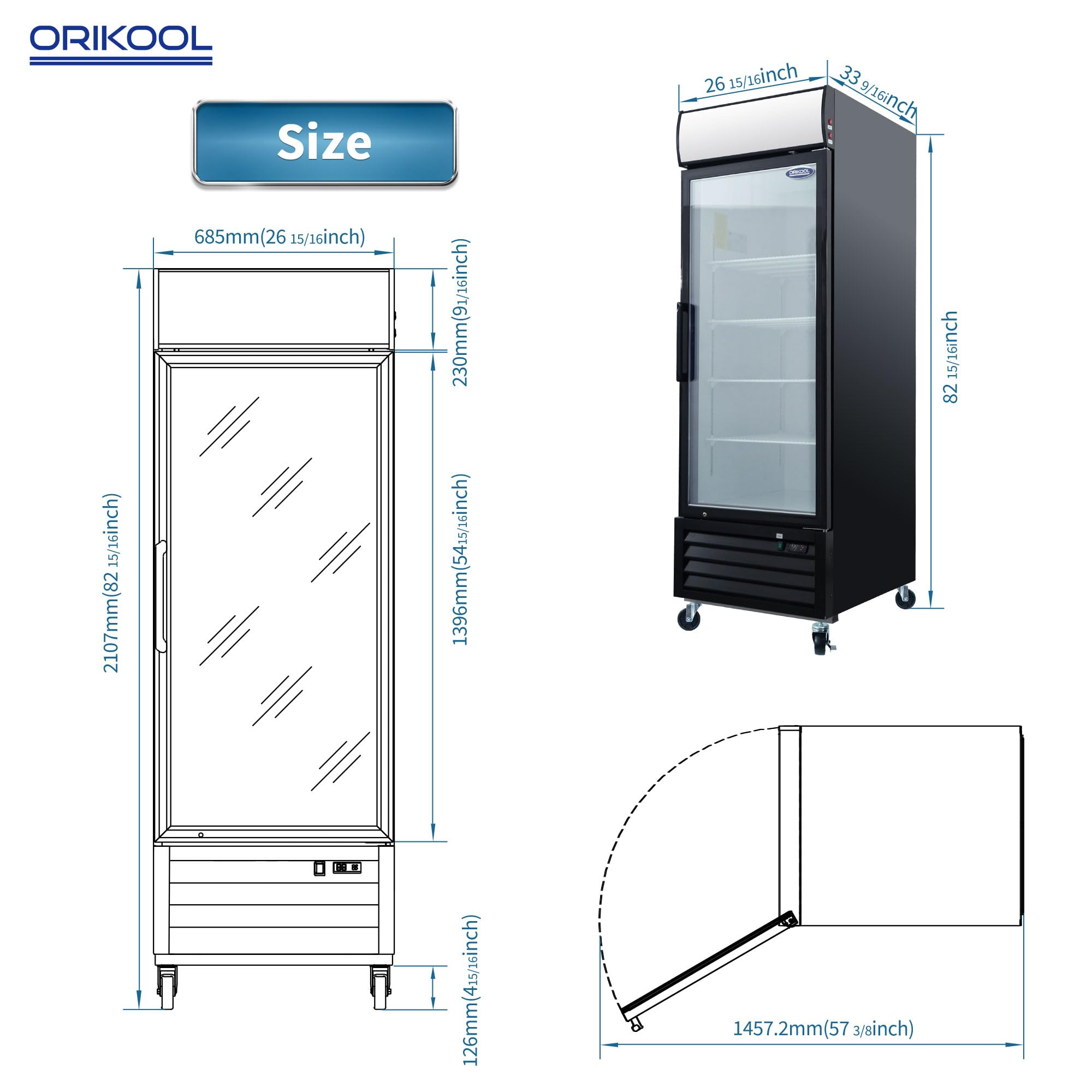 ORIKOOL 27" W Glass Door Refrigerator 19.2 Cu.ft 32℉ ~ 44℉ Commercial Display Beverage Fridge with LED Top Panel