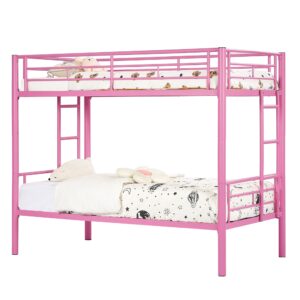 VECELO Bunk Bed Twin Over Twin, Metal Bunkbeds with Ladder and Full-Length Guardrail, No Box Spring Needed, Space Saving, Noise Free, Pink