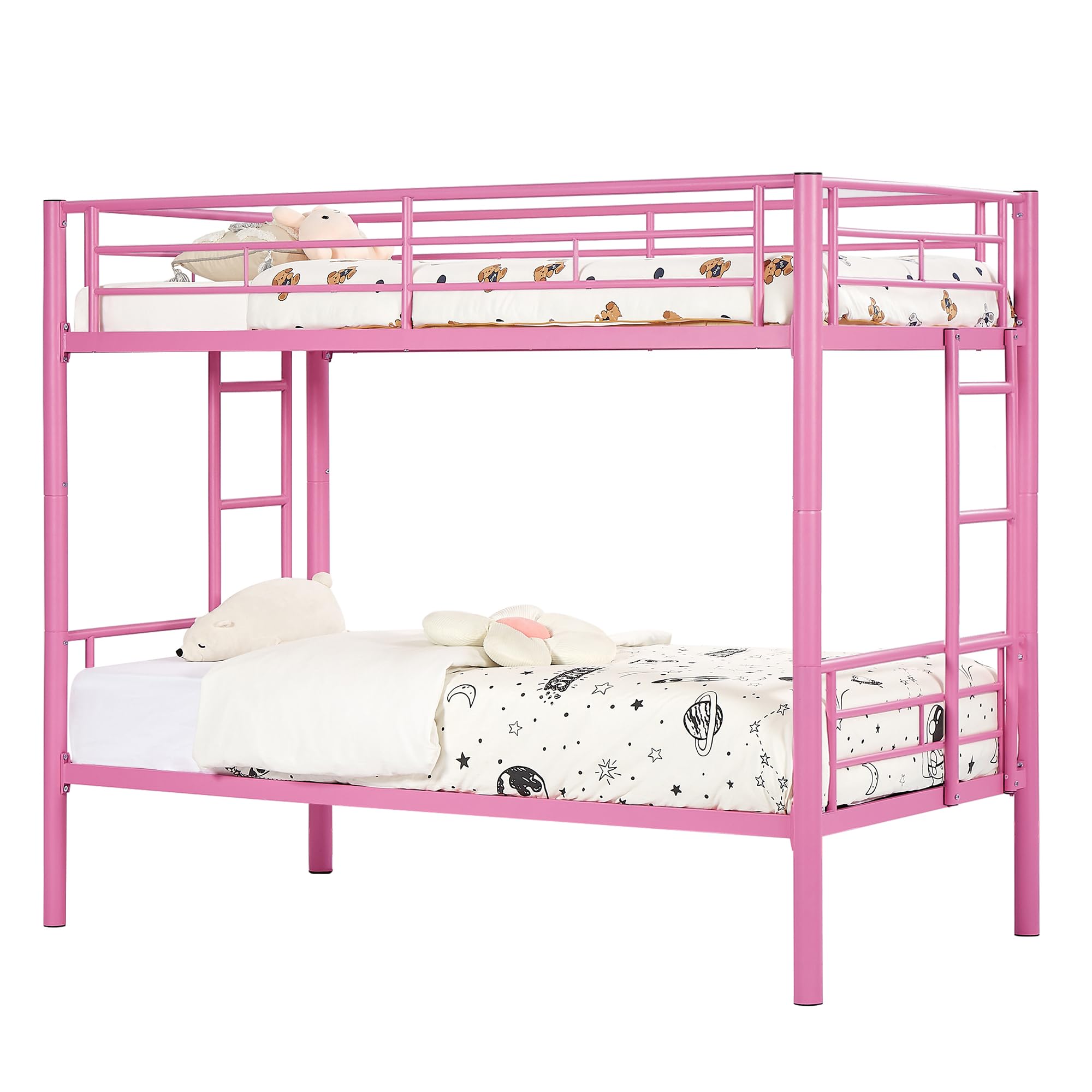 VECELO Bunk Bed Twin Over Twin, Metal Bunkbeds with Ladder and Full-Length Guardrail, No Box Spring Needed, Space Saving, Noise Free, Pink