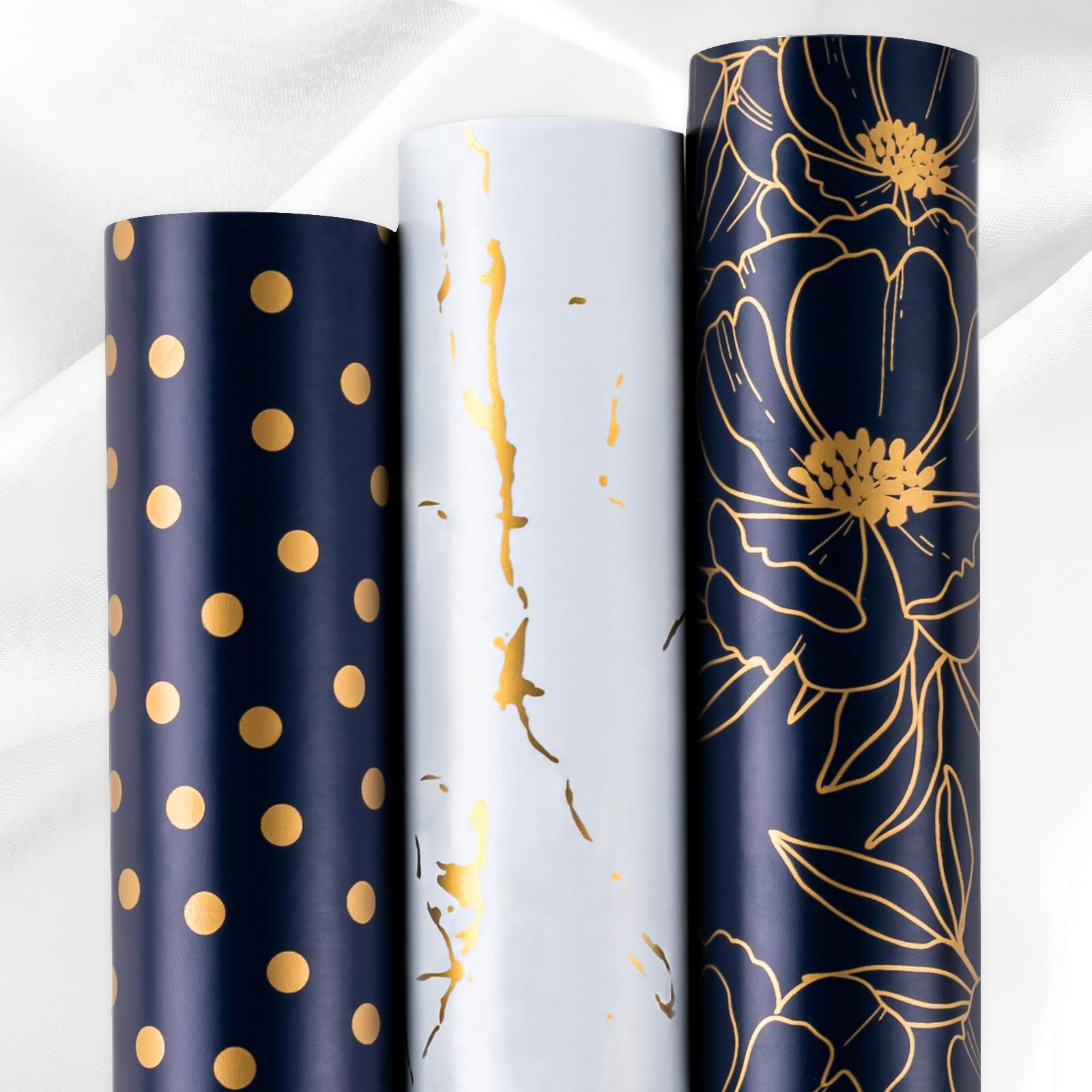 Yarcony Gift Wrapping Paper Roll - 17 Inch X 120 Inch Per Roll Luxury Navy Gold Flower, Polka Dot & White Gold Marble Gift Wrap Paper for Men Birthday, Father's Day, Christmas, Holiday, Graduation