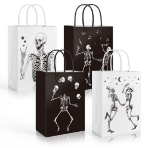 whaline 16pcs halloween skeleton paper gift bags black white skull party favor bags with handle 4 designs goodie candy treat bags for halloween party decor supplies