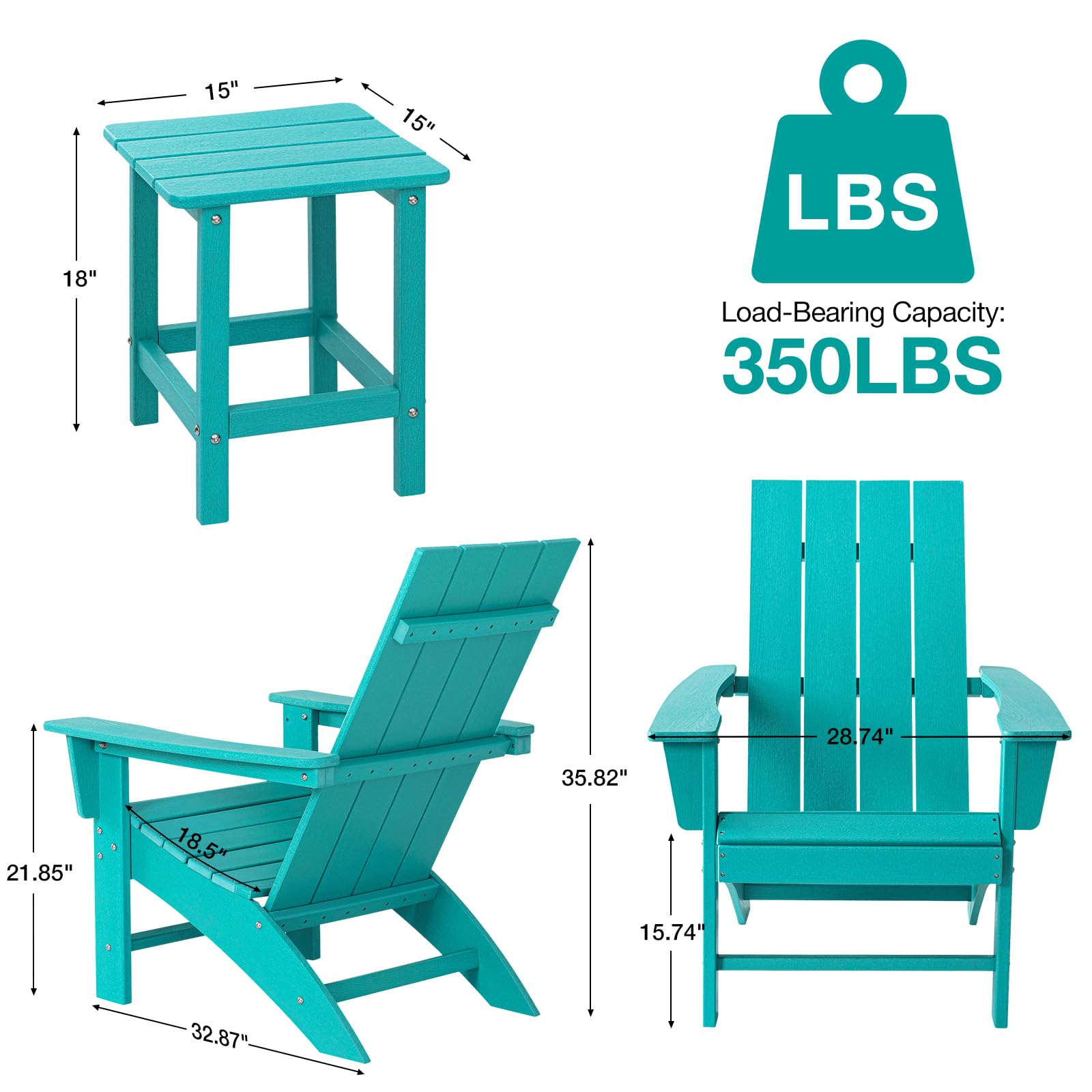 Adirondack Chair Set of 2 with Side Table Weather Resistant Fire Pit Chairs HDPE Outdoor Adirondack Chair for Patio Front Porch Pool Garden Deck Fire Pit Outside, Teal