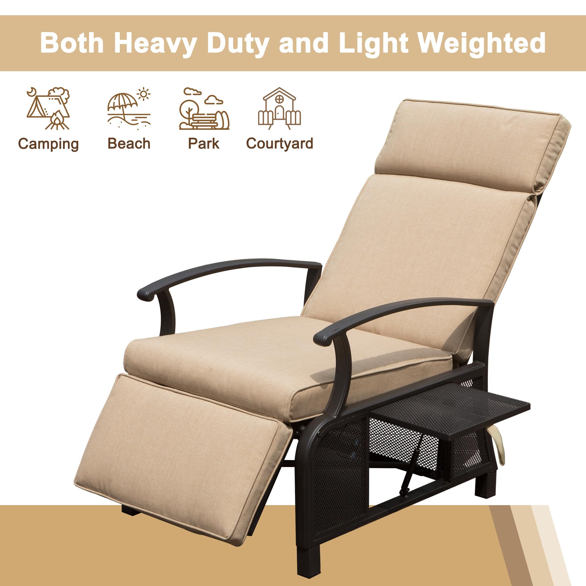 Domi Adjustable Patio Recliner Chair Metal Outdoor Lounge Chair with Flip Table Push Back, Adjustable Angle, Removable Cushions, Support 350lbs, Beige