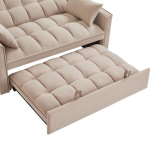 Velvet Sleeper Sofa Couch Bed, 4 in 1 Small Modern Convertible Loveseat Futon Sofa with Pullout Bed and Adjustable Backrest for Small Space Living Room Apartment Office Studio Lounge Reading Taupe