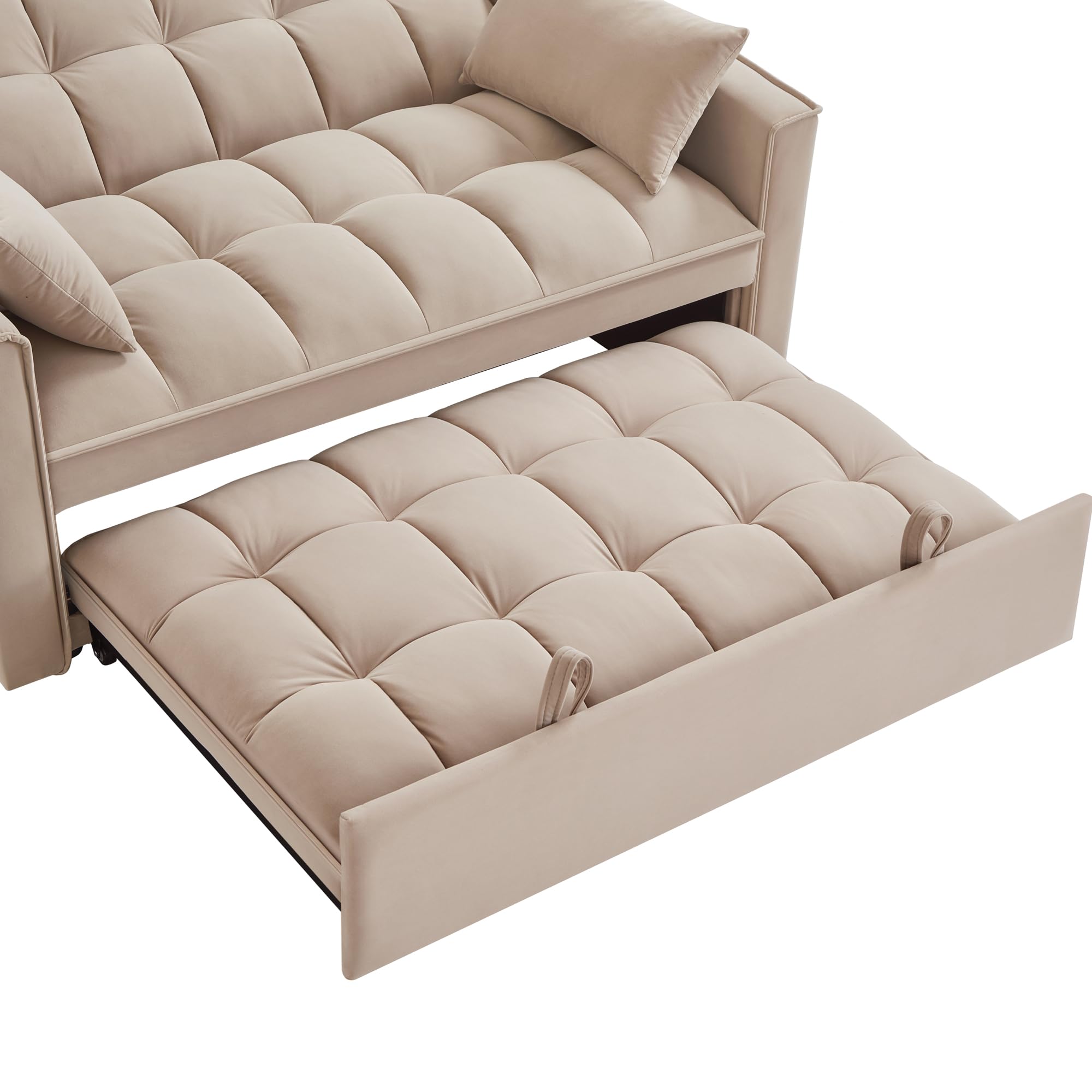 Velvet Sleeper Sofa Couch Bed, 4 in 1 Small Modern Convertible Loveseat Futon Sofa with Pullout Bed and Adjustable Backrest for Small Space Living Room Apartment Office Studio Lounge Reading Taupe